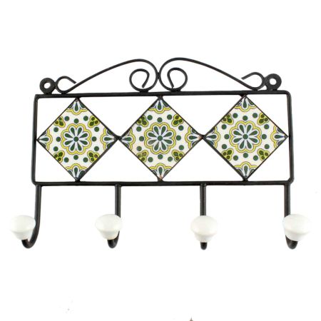 Forest Green Ceramic Floral Tile Hook